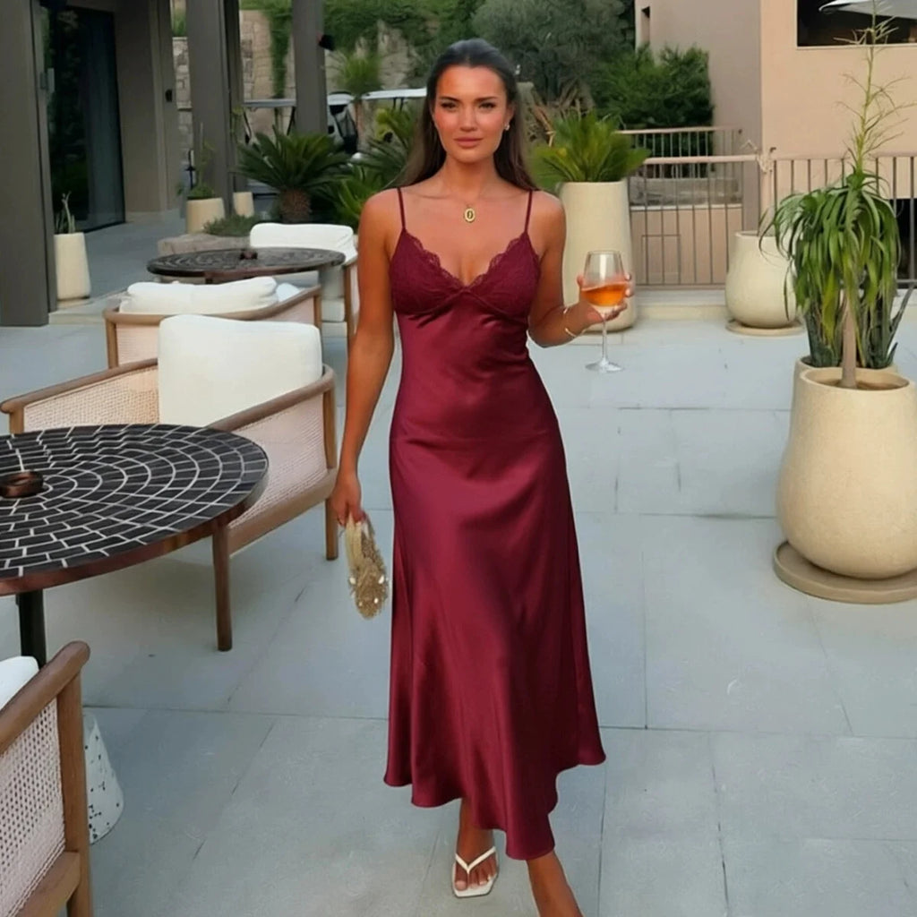 Butter Yellow Satin Bias Cut Lace Patchwork Midi Dress Women's V Neck Backless Suspenders Dresses 2026 New Dinner Party Vestidos