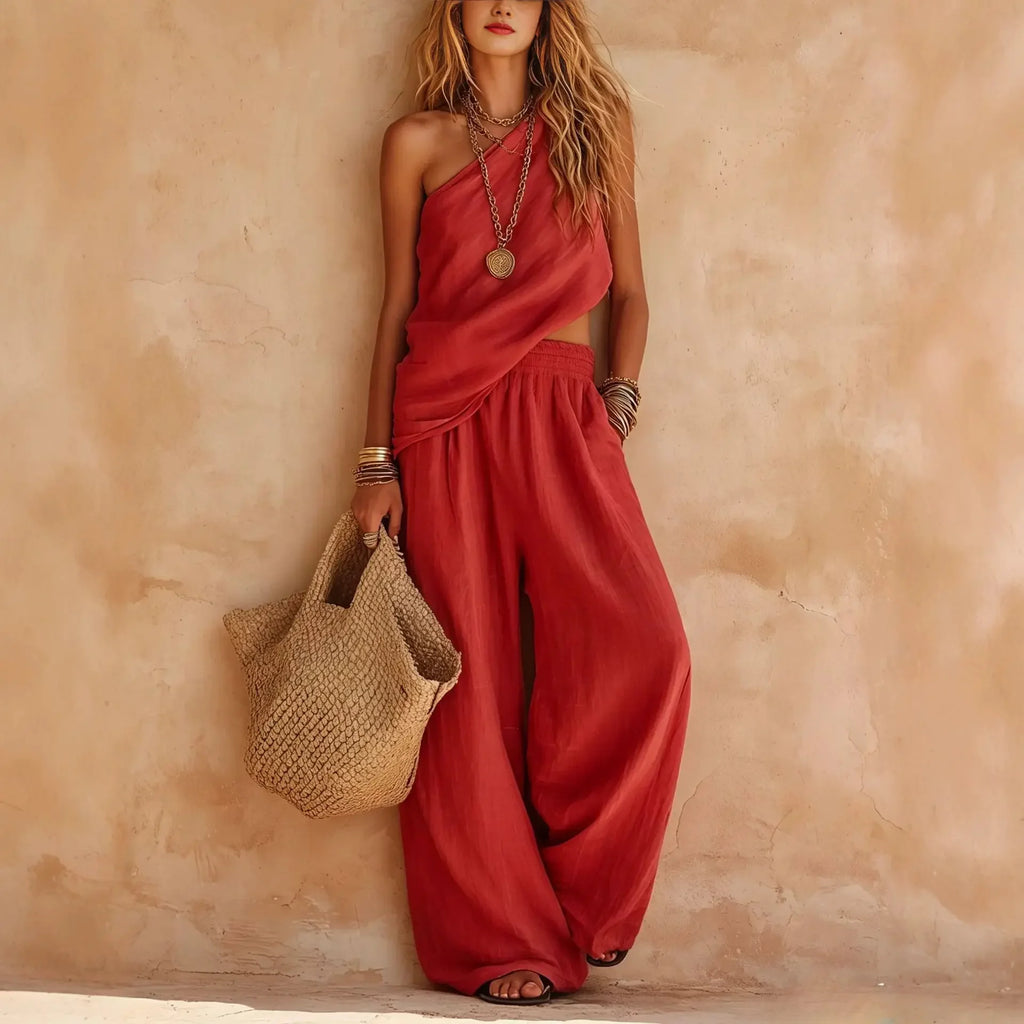 One-shoulder Women Tank Top Pants Two Piece Set Summer Sleeveless Top & Wide-Leg Pants Casual Woman's 2 Piece Outfits