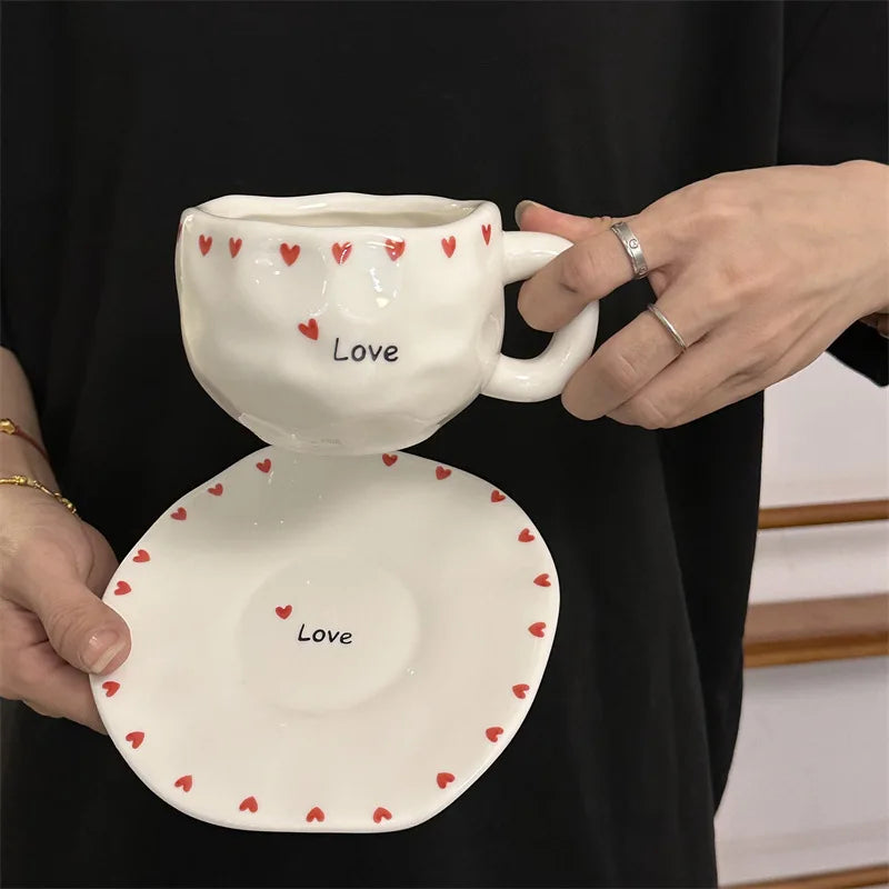 ins style retro flower ceramic cups and saucers, hand-squeezed irregular coffee cups and saucers, afternoon tea cups and saucers