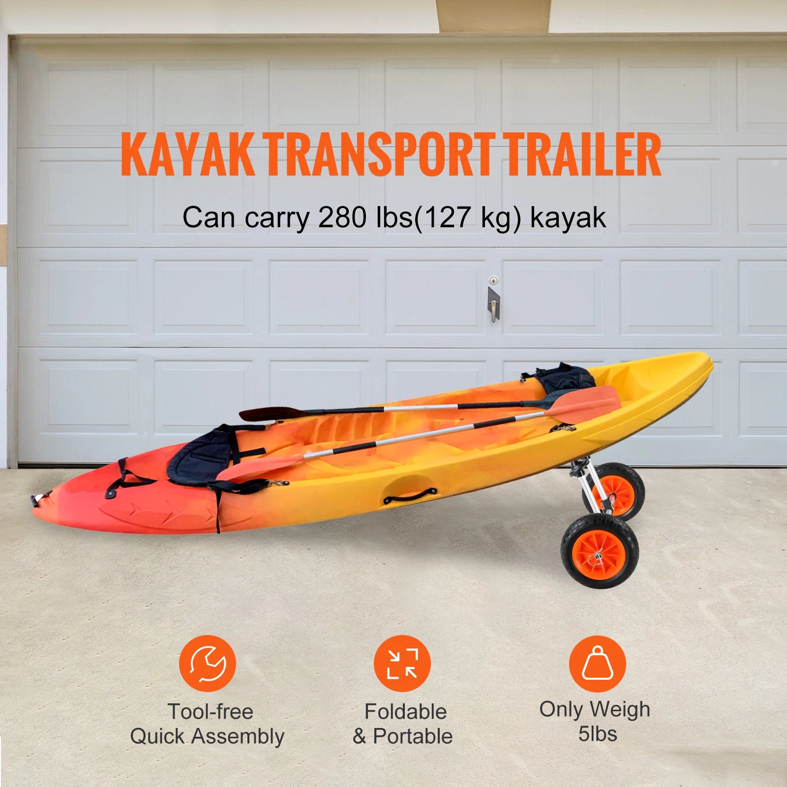 SucceBuy 280lbs Kayak Trailer Cart Detachable Canoe Trolley Cart with 10'' Solid Tires & Adjustable Width for Boat Accessories