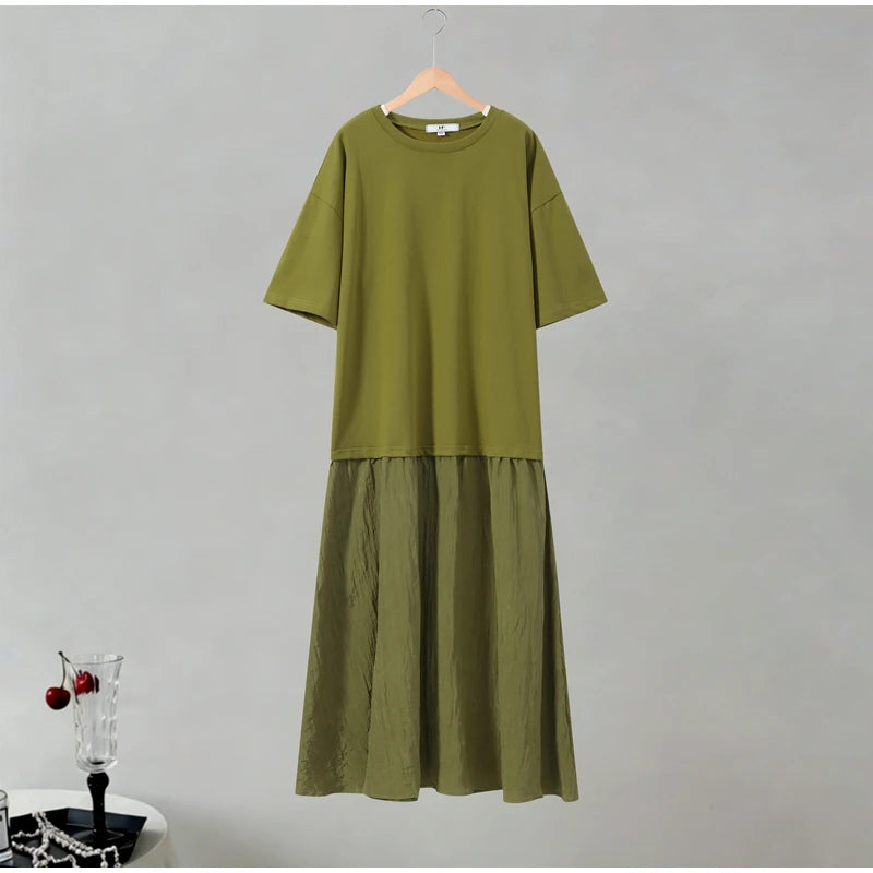 Solid Color Loose Fit Flare Sleeve Tiered Dress Crew Neck Ruffle Hem Pleated Long Maxi Dresses 2026 Spring Chic Casual Outwear