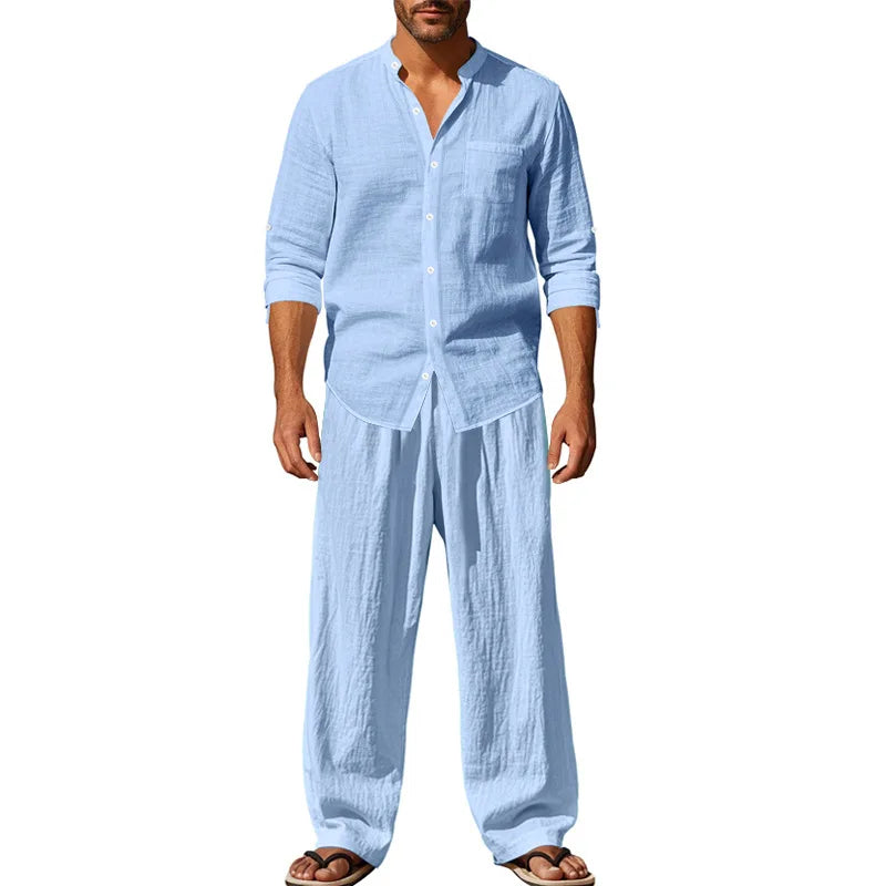 Tracksuit 2025 Seasons Linen Men's Casual Loose Breathable Long sleeved Pants Shirt Beach Set in Stock Male  Clothing Big Size