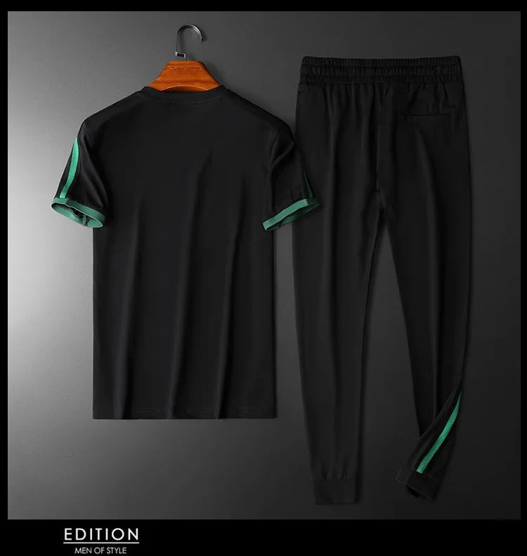 High end luxury exquisite badge embroidered short sleeve suit men's summer top fashion European casual sweatpants two piece set