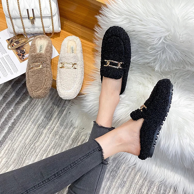 Winter Warm Plush Mules Women One Band Fur Slippers Cozy Cotton Shoes Woman Flats Cover Toe Fleeces Slides Femme Wool Pantuflas