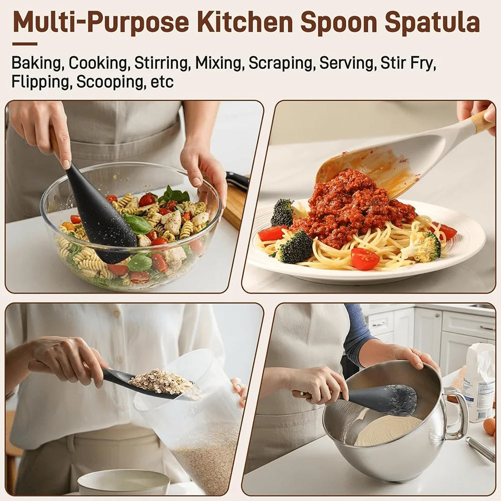 Multifunction Silicone Cooking Spoon Spatula for Nonstick Cookware, Heat Resistant Kitchen Gadgets Utensil with Wooden Handle