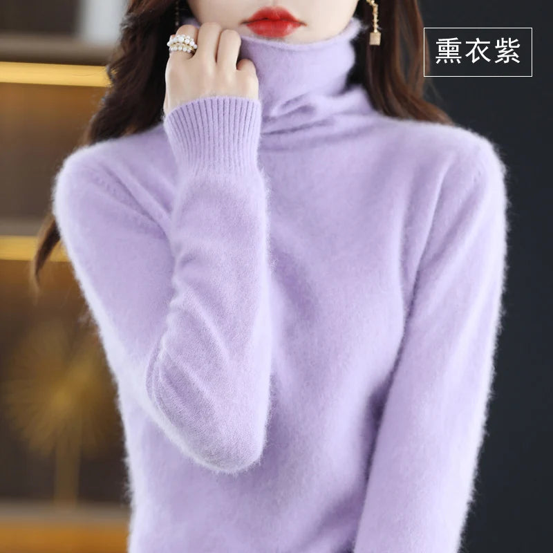Women's Pile Collar 100% Mink Cashmere Sweater Winter High Collar Knitted Pullover Casual Short Thick Tops Loose Warm Base Shirt