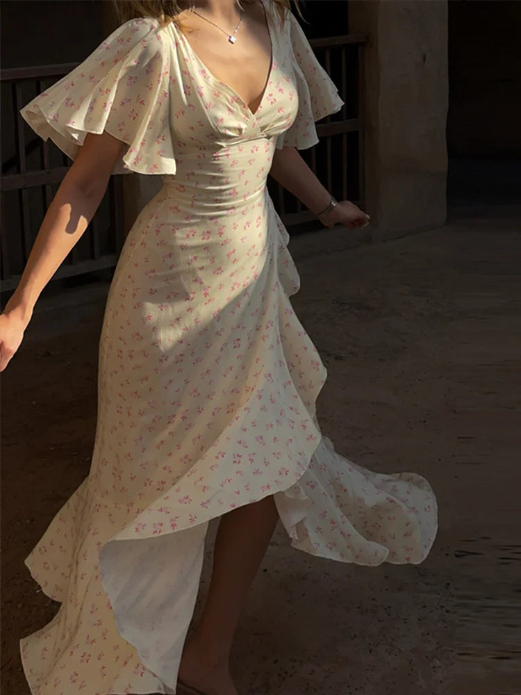 Elegant Print Women Long Dress Chic Ruffle Pleated Short Sleeve V-neck Waist-Closed Female Dresses 2026 Summer Beach Lady Robe