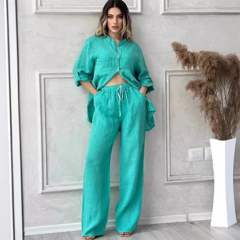 Women Two Piece Sets Spring Autumn Casual Long Sleeve Pocket Shirts 2 Piece Set Fashion Loose Wide Leg Pants OL Work Suit Outfit