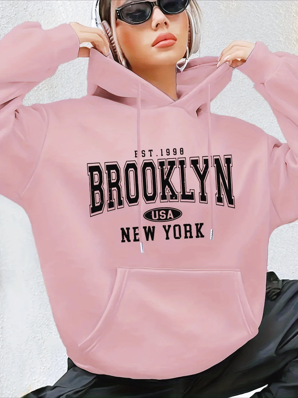 Lady's letter-printed drawstring hooded sweatshirt with long sleeves and pocket featuring geometric patterns regular fit clothes