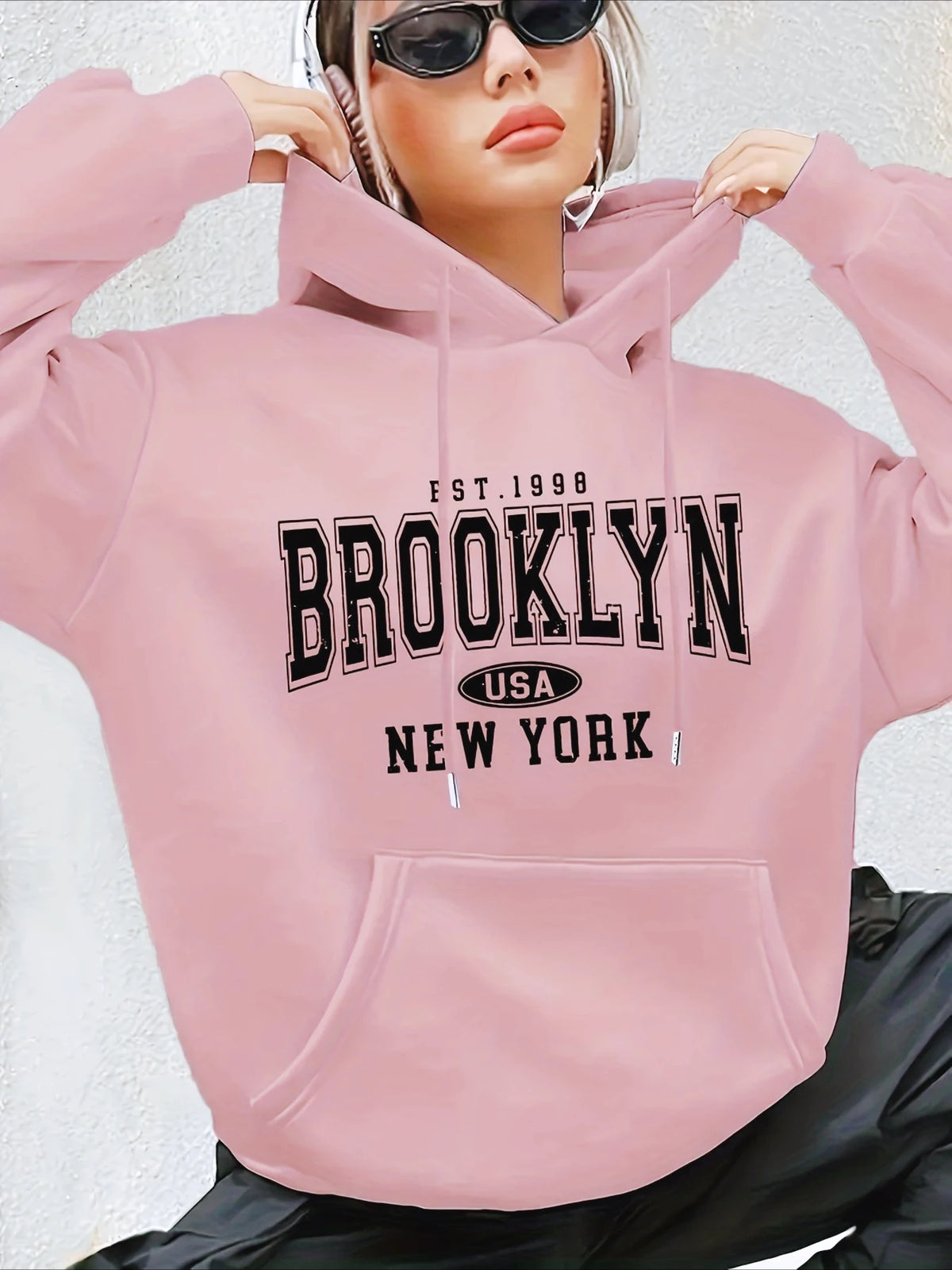 Lady's letter-printed drawstring hooded sweatshirt with long sleeves and pocket featuring geometric patterns regular fit clothes