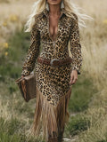 Western Retro Leopard Suede Slit Tassel Dresses Woman Turn-down Collar Zipper Slim Hips Dress Fall Long Sleeve Irregular Dress