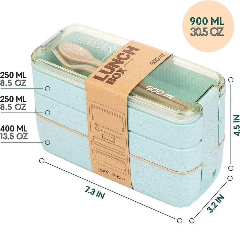 3-In-1 Compartment Wheat Straw Bento Box Reusable Tableware Lunch Containers Meal and Snack Food Containers Portable Lunch Box