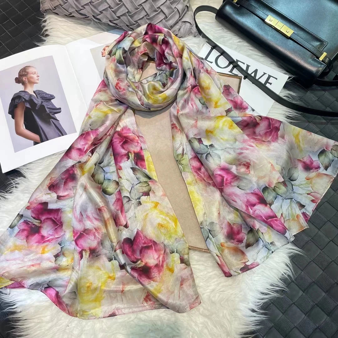 BYSIFA| Ultralarge Spring Fall 100% Mulberry Silk Scarf Beach Wrap Brand Female Long Scarves New Red Floral Silk Scarf Shawl