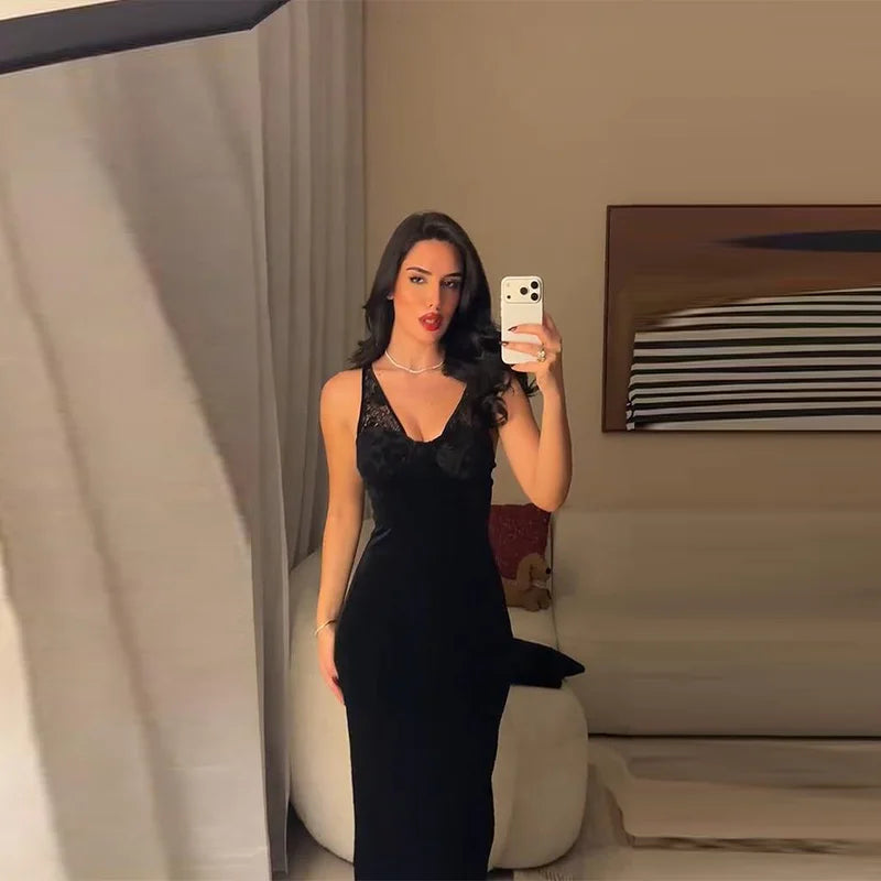 Sexy Deep V-neck Lace Spliced Sequins Long Dress Women Sleeveless Backless Hip Package Slim Dresses 2026 Spring Lady Party Gowns