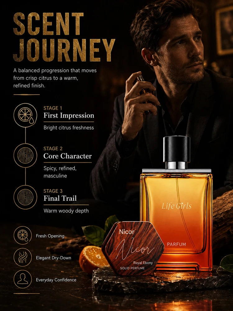 Men's Woody Citrus Perfume Set, Spray Cologne + Solid Perfume Balm, Long Lasting Royal Ebony Travel Fragrance Gift