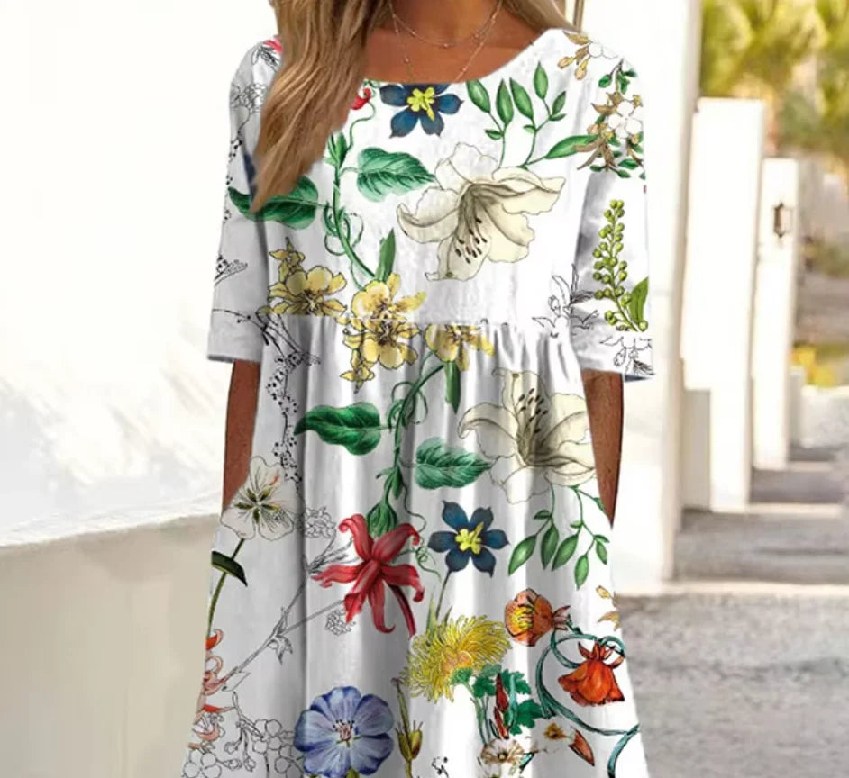 2026Summer New Arrival Women's Casual Crew Neck Pocket Short Sleeve Printed Dress
