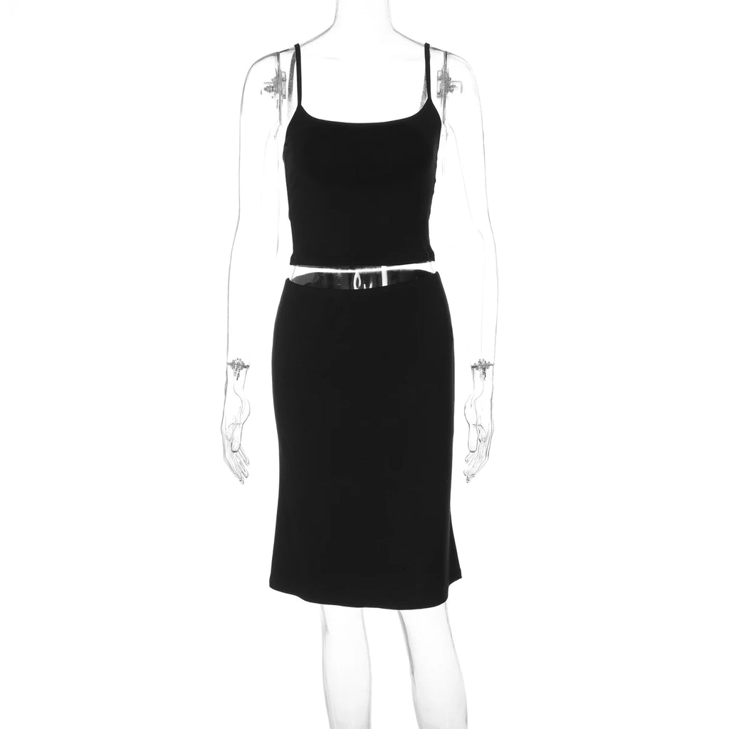 Hugcitar Casual 2 Piece Sets Solid Slips Backless Sexy Crop Camis Top Midi Skirt Women Summer Outfits Party Holiday Club
