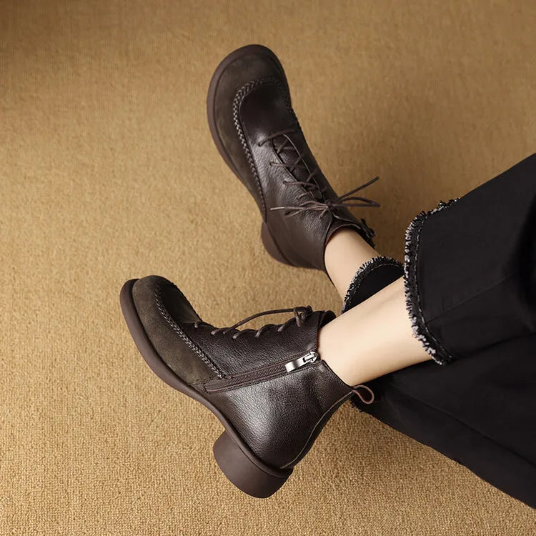 New Autumn Winter Genuine Leather Women Boots Fashion Lace Ankle Boot for Women Short Boots Shoes Chunky Heel Botines Mujer