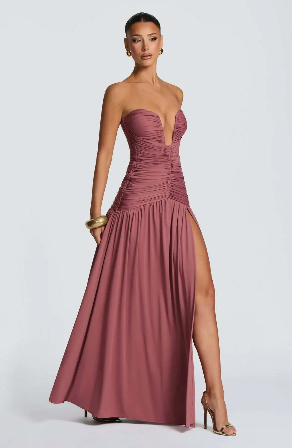 Elegant Lady Solid Maxi Dress Sleeveless Off Shoulder Deep V-neck High Split Pleated Satin Gown 2026 Women New Dinner Party Wear