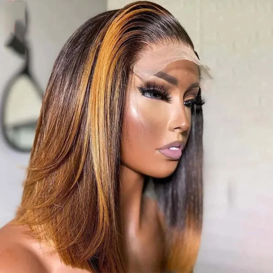 Ombre Brown Short Bob 180% Density Straight Synthetic Lace Front Wig For Women With BabyHair Preplucked Glueless