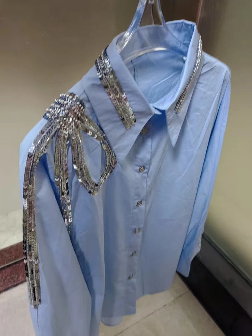 Luxury Brand Design Sequins Embroidery Cotton Blouses Shirts Women for 2025 Autumn Trend Long Sleeve Blue Tops Woman Clothes