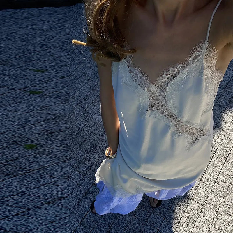 Sexy V-neck Sling Dress Women Fashion Sleeveless Lace Patchwork Irregular Mini Dresses 2025 Lady Summer Chic Casual Holiday Robe