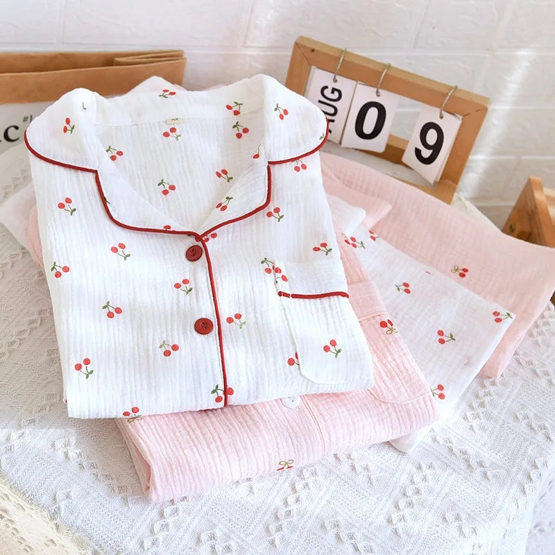 100% Cotton Women Pajamas Cherry print Pajamas Autumn Long sleeved pants Female 2 Piece Set Nightwear  Lady Pyjamas Loungewear