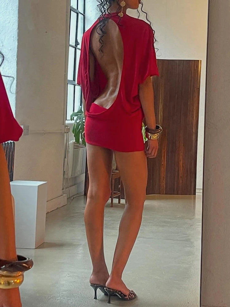 Nibber o-Neck Sexy Backless Mini Dress Women Y2K Solid Trend Style Half Sleeve Spicy Girls Street Midnight Fashion Slim Outfits