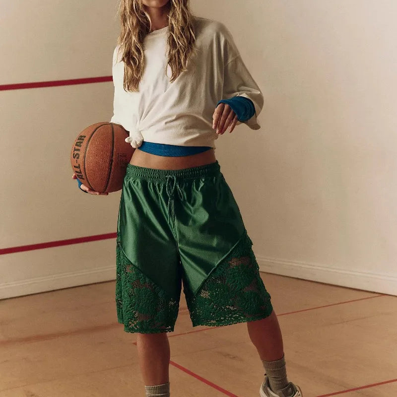 Womens Lace Patchwork Sweat Shorts Casual Summer Loose Mid Length Pants Drawstring Waist Lounge Running Walking Workout Shorts