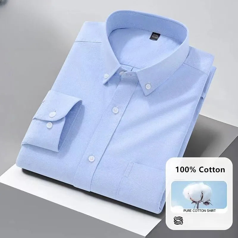 High Quality Men's Dress Shirts Long Sleeve Spring Autumn 100% Cotton Oxford Causal Stripe Social Slim White Man Clothing 5XL