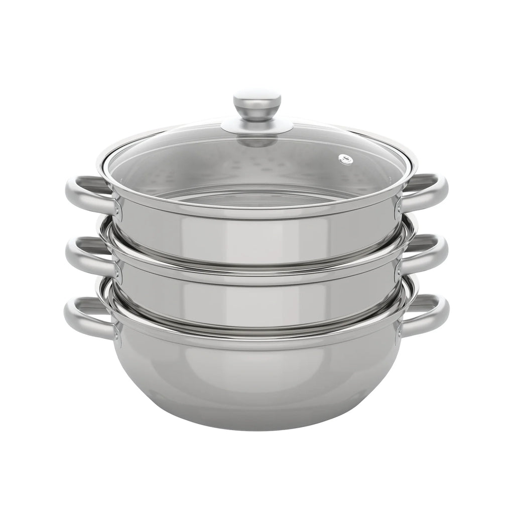3 Tiers Stainless Steel Steamer 28cm Overlapping Steaming Pot Cookware Kitchen Soup Steamer Cooker Set Silver with Glass Lid
