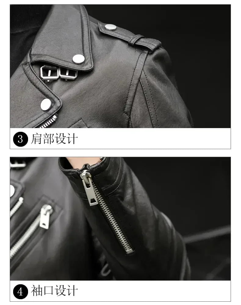 Brand Leather Jackets European Men Zipper Long Sleeve Belt Plus Size Fashion Spring Autumn Short Cool Black Leather Biker Jacket
