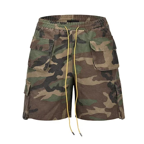 Euro-American High Street RO-Style Drawstring Distressed Camo Cargo Shorts - Multi-Pocket Tactical Utility Shorts with Pockets
