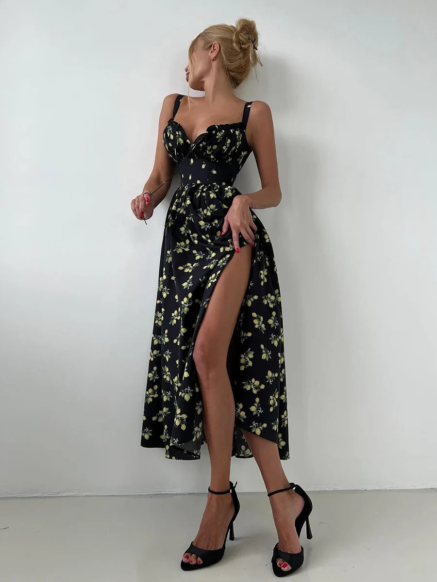 Bornladies 2025 Summer New Printing Cami Dress High Waist Slit Lemon Print Maxi Dress Vacation Long Dress For Women
