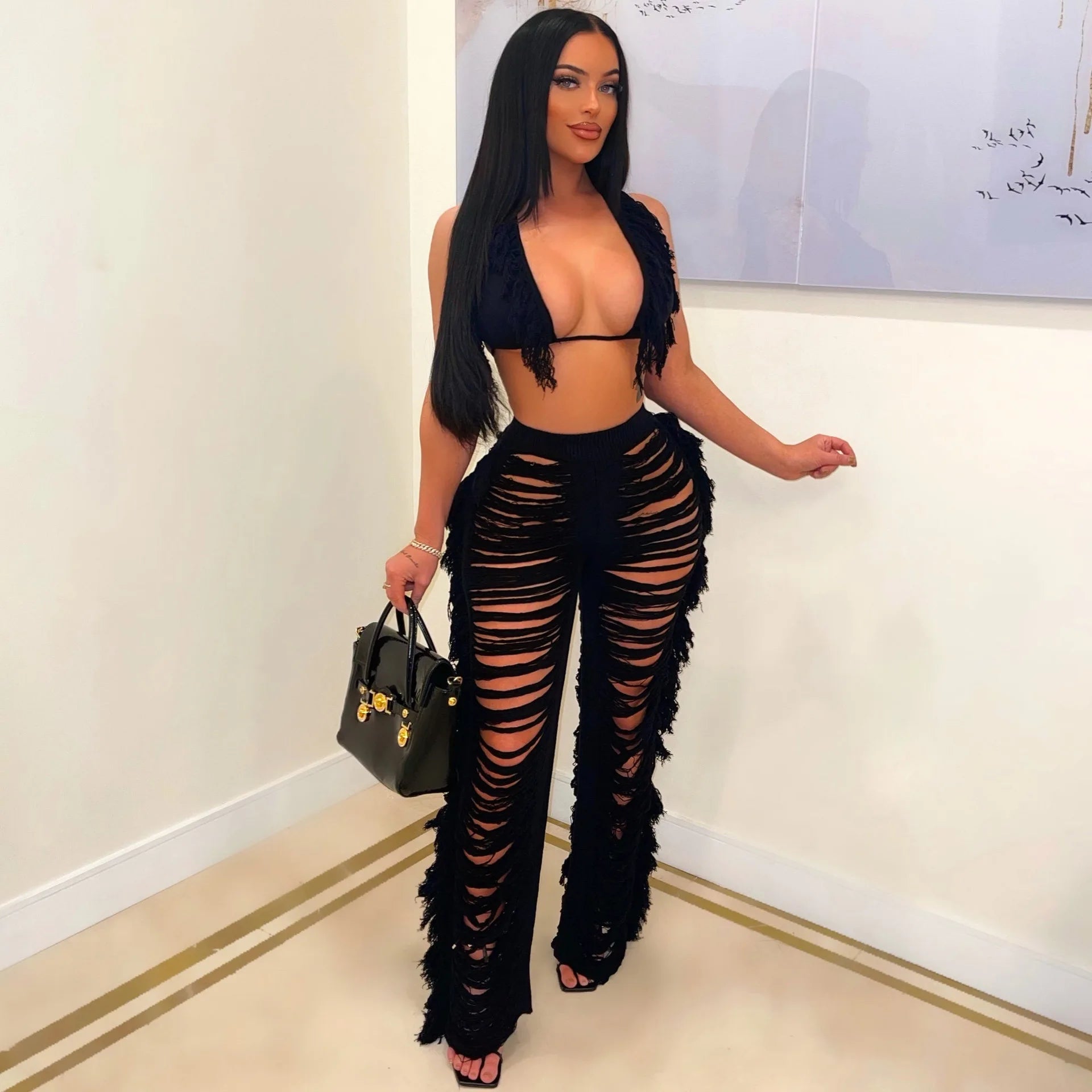 Sexy Women 2025 Knitted Set Two Piece Set Halter Backless Bra Crop Top Pants Crocheted 2 Pieces Set Hollow Out Crochet Beach Set