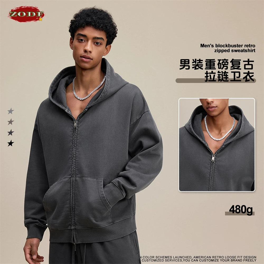 ZODF 2025 Autumn Men Heavy Weight 480gsm Hoodies Unisex Retro Washed Terry Cotton Distressed Hooded Coats HY1110