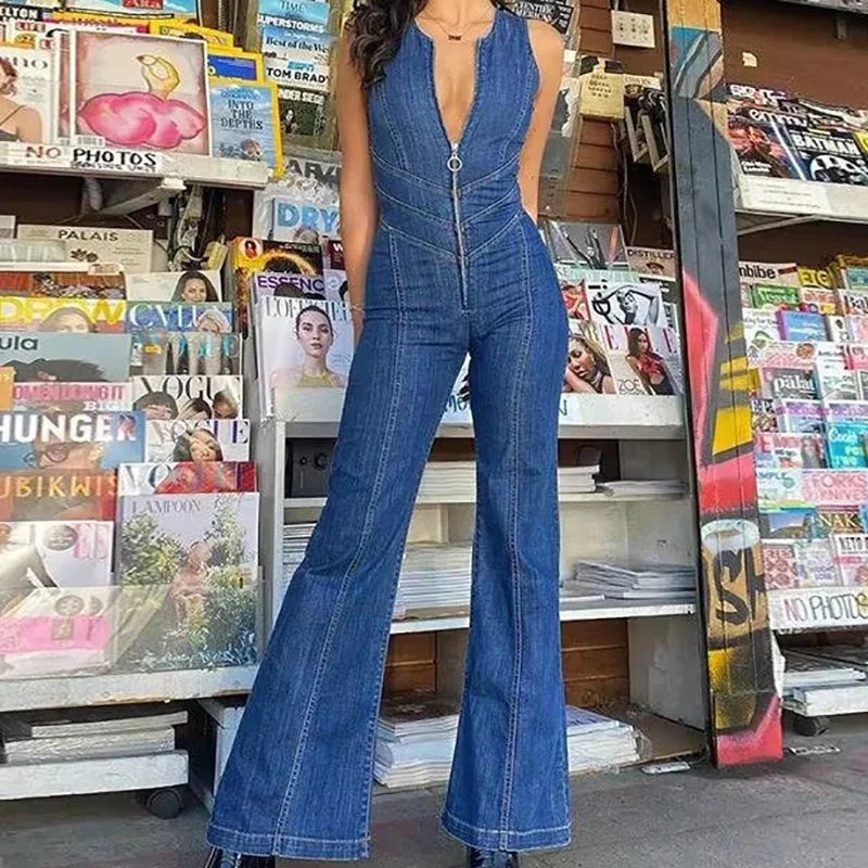 Fashion Denim Jumpsuit Women's Sexy New Tank Slim Sleeveless High Waist Hollow Zipper Backless Love Jumpsuits Streetwear Women
