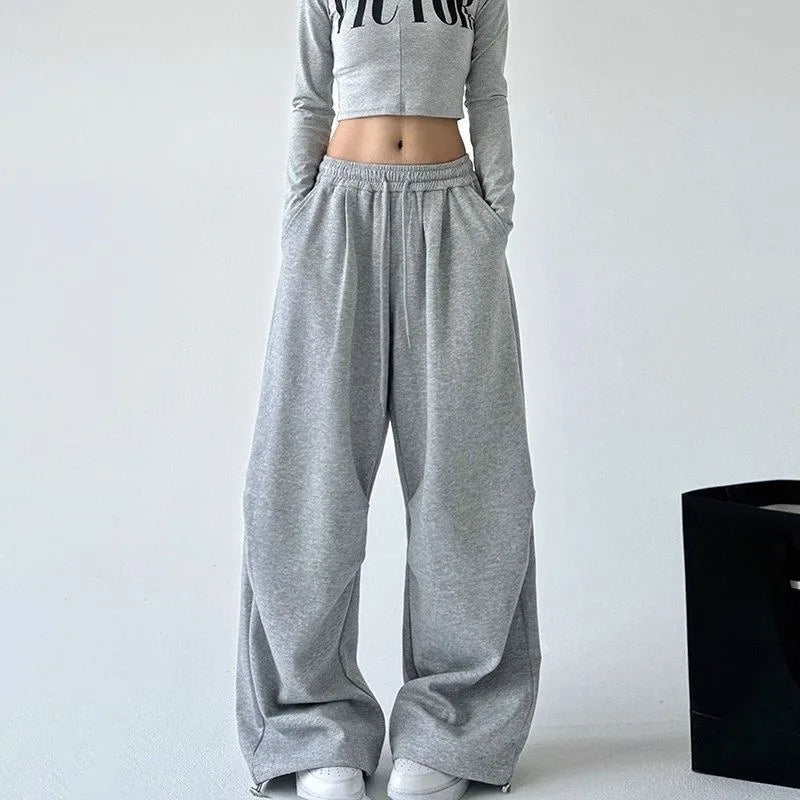 Women's Drawstring Wide Leg Sweatpants Elastic Loose Straight Leg Casual Jogger Trousers with Pockets for Daily Streetwear Pants