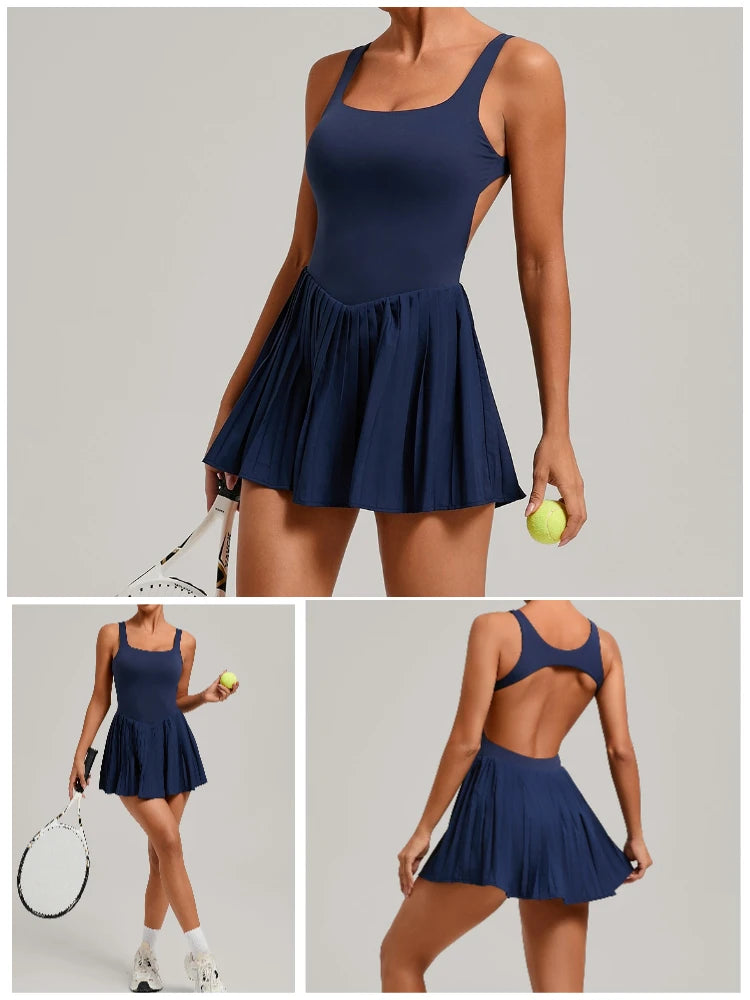 VITALINOVO Workout Tennis Dress with Built in Shorts Square Neck Padded Workout Dress with Pockets Golf Athletic Mini Dresses