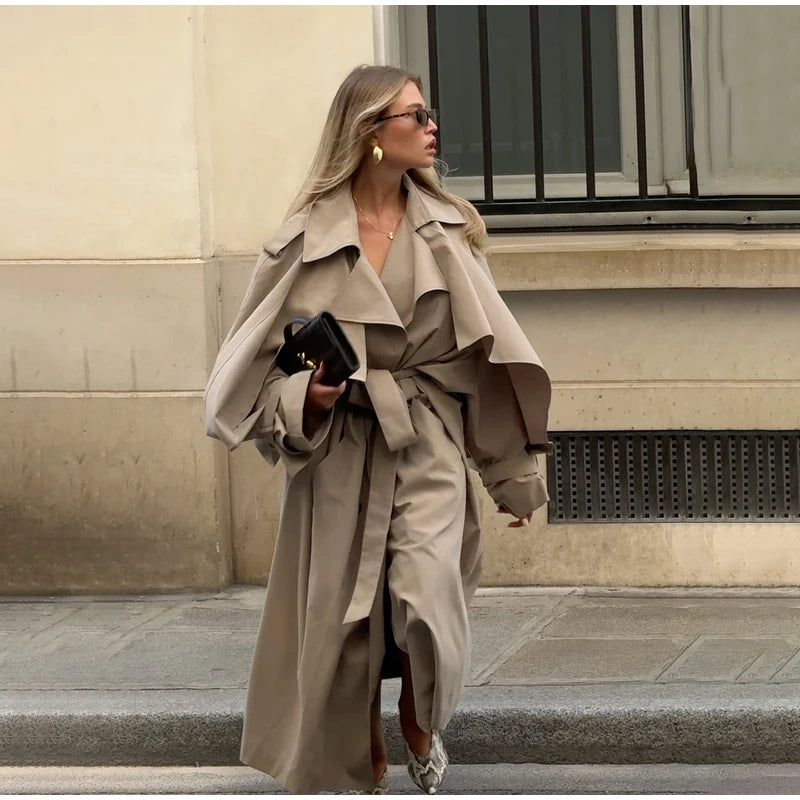 Casual Lace Up Long Trench Coat Women Chic Solid Color Full Sleeve Lapel Windbreaker 2026 Fall New Fashion Loose Commute Jackets
