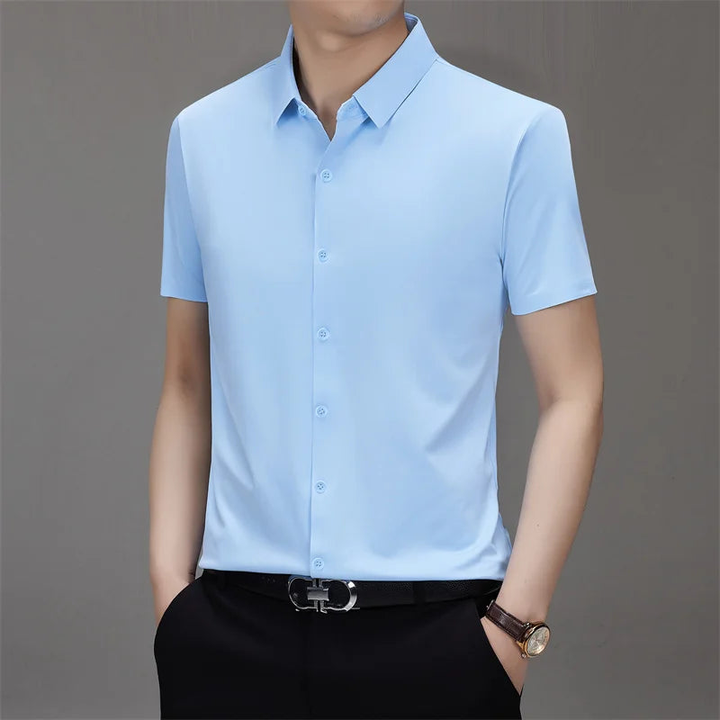 New Men's Business Casual Solid Color Short Sleeved Shirt for Summer Fashion No Ironing Comfortable and Versatile Top