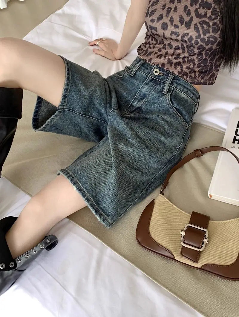 Denim Shorts Vintage High Waist Loose Fit Distressed Design Ins Style Sweet Spicy Girls All-match Casual Summer Streetwear Y2k