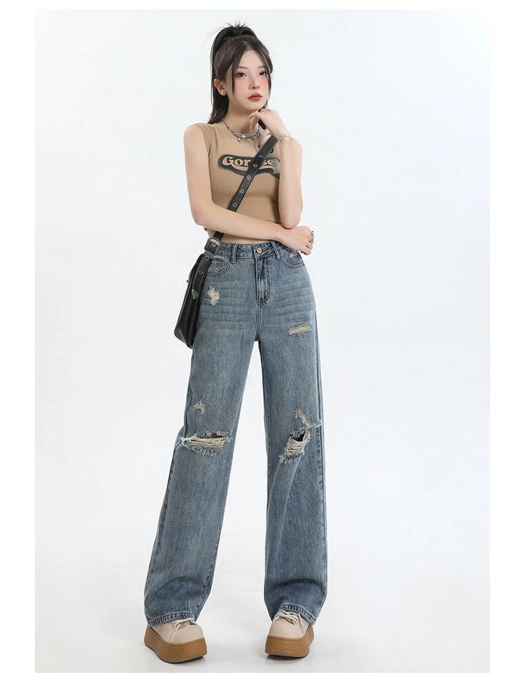 New Ripped Casual Loose Women Jeans High Waist Blue Korean Straight Pants Female Chicly Fashion Street Slim Woman Jeans