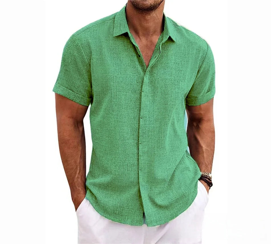Men's Casual Beach Lightweight Linen Sve Shirt Color Standard Fit Short Sleeve Cleanfit PU Leather Inner Wear Pure Color