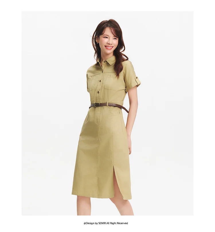 Semir Women Dress Shirt Collar Cotton Slit Midi Belt Slim Vintage Urban Workwear 2026 Summer Fashion Office Top