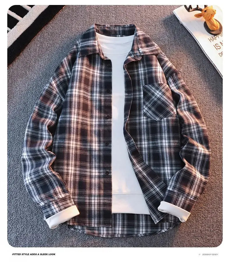 Retro Japanese Plaid Long Sve irt Men's Casual Loose Fit Spring Autumn Wear for Students And Couples Youth Faion