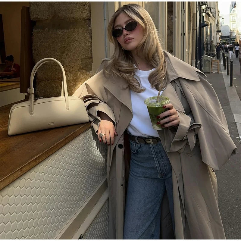 Casual Lace Up Long Trench Coat Women Chic Solid Color Full Sleeve Lapel Windbreaker 2026 Fall New Fashion Loose Commute Jackets