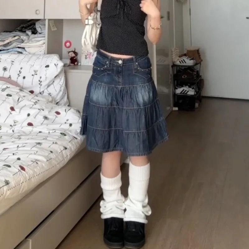 Women Denim Skirts Loose A-line High Waist Jupe Fashion Summer Korean Saia 2025 Faldas Mujer De Moda Vintage Casual Y2k Skirt