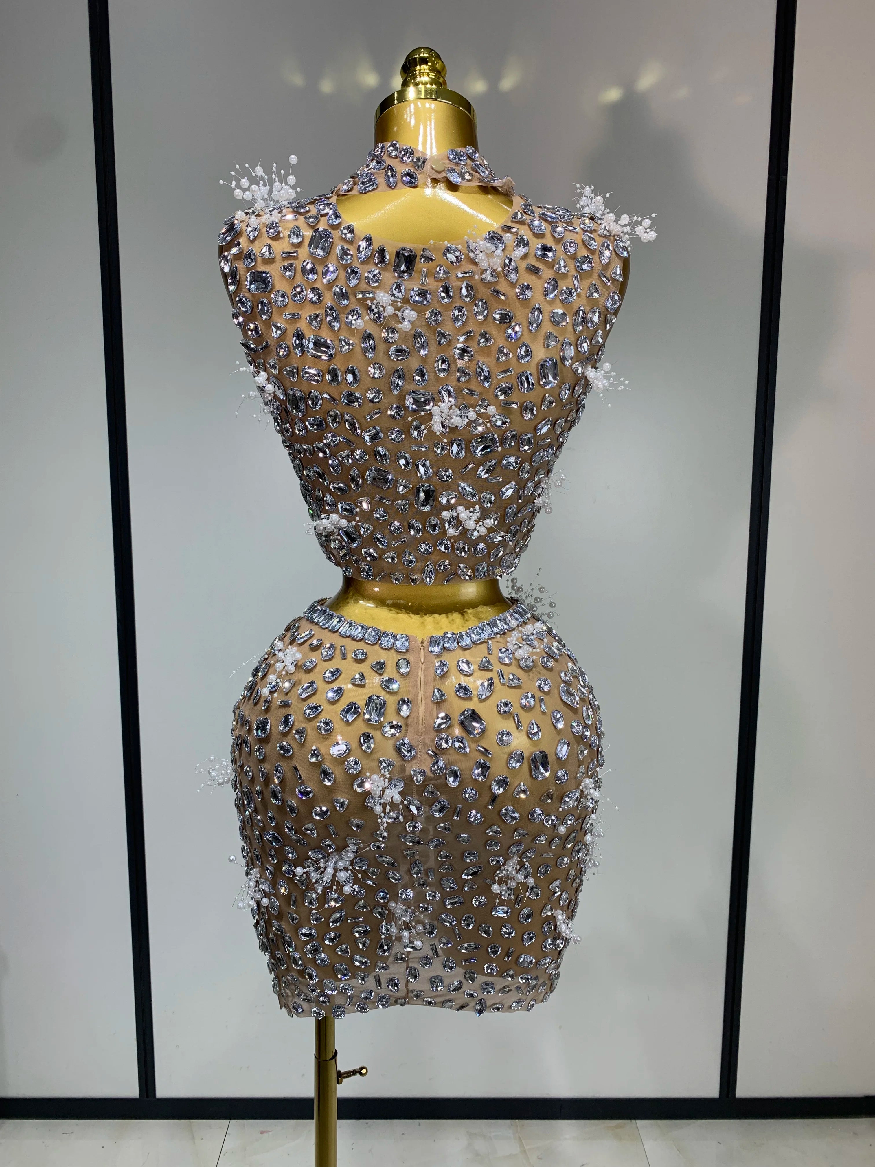 High Quality Sparkling Rhinestone Sexy See Through Blackless Top Skirt Two Pieces Set Woman Luxury Birthday Evening Party Gowns