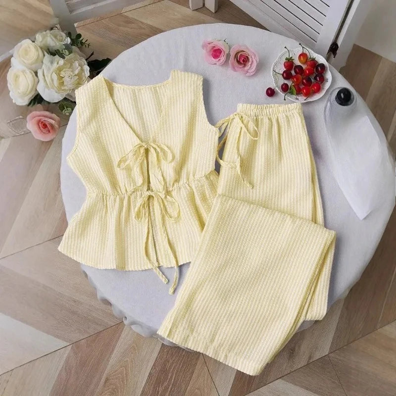UNXX Summer Solid Color Striped Suit Casual Lace All-match Vest Loose Lace Trousers Sweet Suit Women's Business Two-piece Set